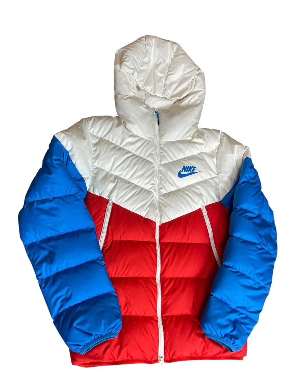 Nike Sportswear Windrunner Down Fill Puffer Jacket in blue, white, and red